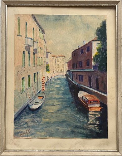 Aquarelle canal avec bateaux - aquarelle,