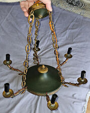 Lustre 6 lumières  bronze doré et tôle laqué vert de style Empire - à restaurer