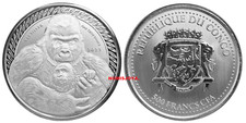 République CONGO 2023. 500 francs onces argent « GORILLE ». Poids 31,10 gr. L...