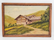 Ancien petit tableau huile sur toile chalet de montagne avec cadre bois