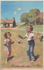 ILLUSTRATED POSTCARD BUTTERFLY FLIES - CHILDREN CHICKEN ROOSTER - 37204 BIS