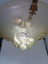 Muller Pressed Molded Glass Ceiling Light Chandelier Bronze Frame Art Deco Flowers