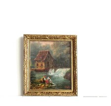 CADRE ANCIEN BOIS DORE PEINTURE HUILE  SUR TOILE "LAVANDIERES"