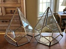 (2) VTG MID CENTURY MODERN GLASS GEOMETRIC HEXAGON  TABLE BRASS FRAMED TERRARIUM
