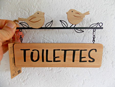 Plaque de porte Toilettes , décor oiseaux, bois et métal, neuve