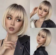 Perruque Synthétique Blonde Lumineuse Racine Foncé Courte Lisses A Frange 30cm