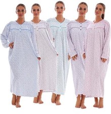 Thermal Cotton Long Nightdress Floral Button V-Neck Soft Brushed Nightwear