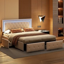 Lit Double 160x200 avec sommier et Rangement, avec LED, Lit Coffre avec tête de