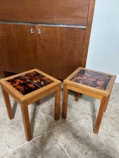 Pair Danish Modern Teak Wood Tile top Plant Stands Orange Black 12.75”sq. X 15”