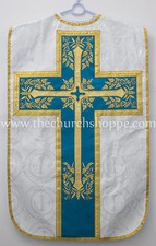 Ave Maria Chasuble De Messe En Brocart Argent Bleu Fiddleback
