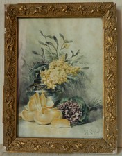 Tableau Ancien Signé * Nature Morte Florale * Aquarelle sous verre