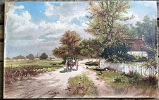 TABLEAU ANCIEN SCÈNE DE CAMPAGNE AVEC CHARETTE ET DES POULES 55x35