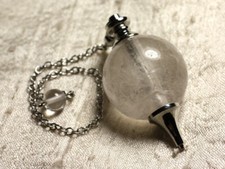 Pendule Métal Argenté Rhodium et Pierre semi précieuse - Cristal Quartz Boule 30