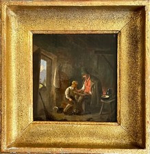 École allemande  17 ou 18ème "Leçon de cithare dans un chalet "  HSP,  19X20 cm.