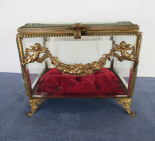 ancien coffret de mariage ou boîte à bijoux en bronze laiton et verre biseauté
