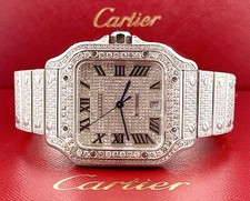 Cartier Santos Men's 40mm Large Model Steel Watch Roman Iced Out 10ct Diamonds