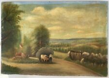 Antique Oil Painting Landscape Country Character Animals 19th Century