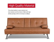 Brown Faux Leather Upholstered Modern Convertible Futon w/ Cupholders & Pillows