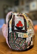 Laney K. Oxman : Pichet en céramique multicolore et barbotine motifs modernistes