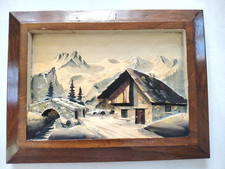 Tableau relief bois montagnes enneigées chalet petit pont Guillot