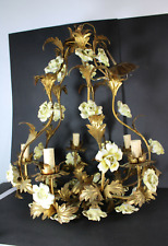 Vintage italian Metal golt gilt yellow porcelain roses Chandelier lamp