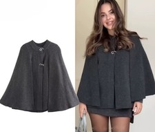 Zara Womens Knit Cape Sweater grey Round Neck wool Button Closure 2756/115 L-XL 