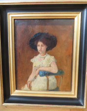 Beautiful Art Nouveau Painting Elegant Woman in Hat 1900 Oil On Panel