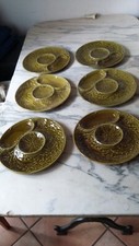RARE 6 ANTIQUE VINTAGE GIEN FAIENCE CERAMIC KHAKI GREEN ARTICHOKE PLATES