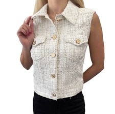 CHANEL Vintage 01P CC Mark Logo Sleeveless Vest Jacket #36 White Cotton Button