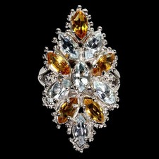 925 Sterling Silver Ring Marquise Aquamarine Citrine Gemstone Jewelry Size 8