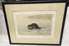 French LTD Dry Point Etching DOG & Duck Print Leon Danchin Listed Artist