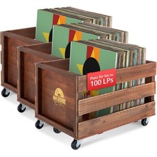 3x Rangement Vinyles Caisse Range en Bois Retro 100 LP Disques 4 Roulettes Brune