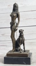 Élégant Bronze Reine Cléopâtre Sculpture / Statue Avec Panther Décor Maison