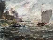 Antique painting hst navy sailboat on sea formed impressionism signed 1905