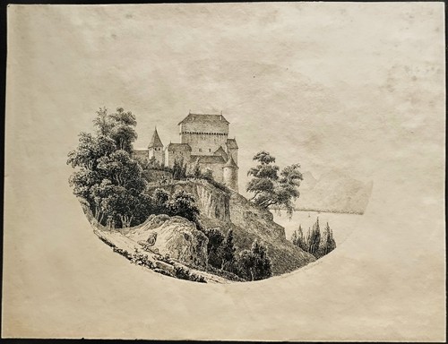 Gravure dans ovale château - dans,
