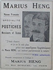 ADVERTISEMENT MARIUS HENG POSTICHE WIG TOUPET BALD FROM 1915 FRENCH AD PUB