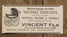 Publicité ancienne Voitures d'enfant,Vincent fils   ,1898,advert