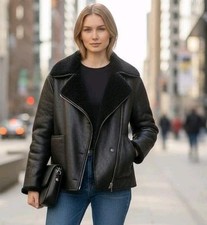 Zara Double Faced Shearling Jacket Sz XS Black Fur Lapel Collar Oversized Boxy