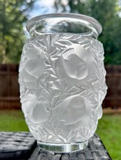 Vintage Lalique BAGATELLE Frosted Art Crystal Glass Vase w/ Birds Leaves SIGNED