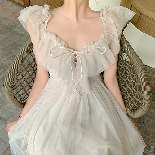 Women mesh ruffle dress straps - mesh,