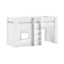 EMRYS - Lit Mi-Hauteur à Fenêtres 90x200cm en MDF Laqué Blanc avec Rideaux