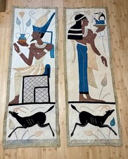 Two Vintage 1920’s Egyptian Revival Appliqué Art Deco Period wall tapestry deer