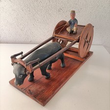 CHARETTE BOEUF PERSONNAGE ANCIEN BOIS POLYCHROME INDOCHINE VIETNAM ART D'ASIE