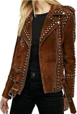 Blouson motard femme en cuir pur daim marron clouté mode moto manteau taille S