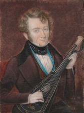 Miniature painting of man with mordaunt Levien harp guitare guitar lyre c. 1810s