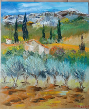 LE MONT VENTOUX LES OLIVIERS PAINTING PARIS SIGN TWINS JEAN PIERRE