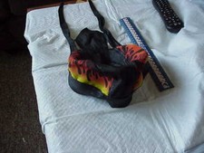 MOTORCYCLE  BIKER     LEATHER & CLOTH PANELS DU RAG  hat w FLAMES 