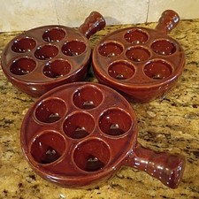 3 Round Escargot Snail Brown Glazed Baking Plate Pan Dish Servers Ceramic Handle