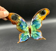 Vintage Blue Tone Polychrome Enameled Ceramic Butterfly Hanging