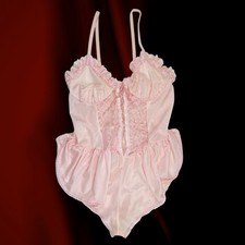 60's Vintage Pink Lace Corset Top Coquette Flutter Leg Bodysuit Lingerie Teddy L